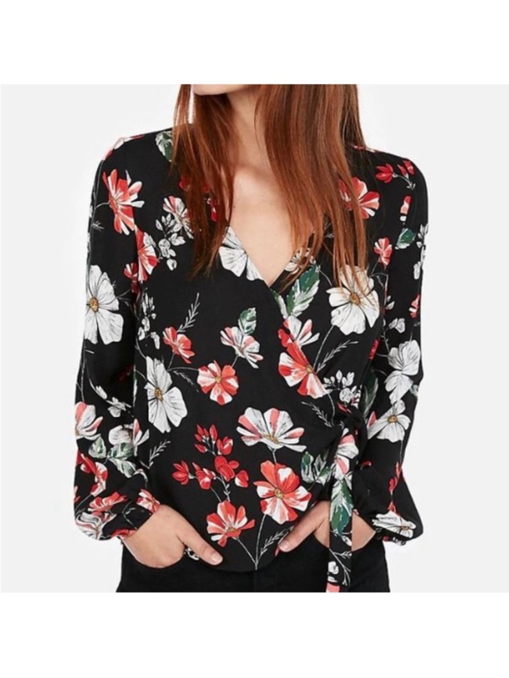 Express Floral Wrap Blouse - Black with Red & White Flowers